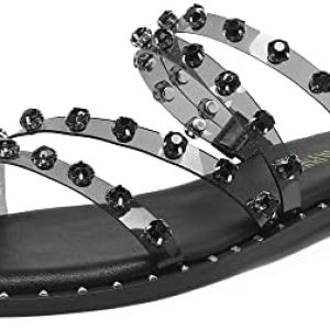 DREAM PAIRS Women’s Clear Studded Rhinestone Slide Sandals Slip on Open Toe Cute Flat Sandals for Summer