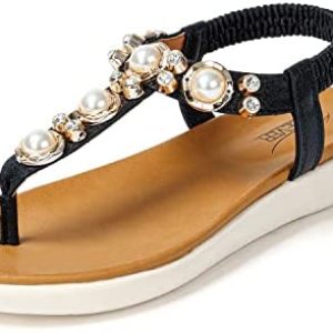 SHIBEVER Elastic Ankle Strap Flats Sandals for Women Bohemian Beach Flats Comfortable T-Strap Thong Flip Flops Shoes