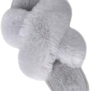 Ladies’s Cross Band Slippers Tender Plush Furry Cozy Open Toe Home Footwear Indoor Outside Fake Rabbit Fur Heat Cozy Slip On Breathable