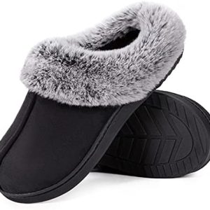 Women’s Classic Suede Memory Foam Slippers Durable Sole with Warm Faux Fur Collar