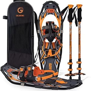 G2 21/25/30 Inches Light Weight Snowshoes for Women Men Youth, with Special EVA Padded Ratchet Binding, Heel Lift, Toe Box, Flexible Pivot Bar, Durable Back Strap, Set with Trekking Poles, Carrying Bag, Snow Baskets, Orange/Blue/Red Available