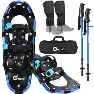 Odoland 4-in-1 Snowshoes for Men Women Youth Kids with Trekking Poles, Waterproof Snow Leg Gaiters and Carrying Tote Bag, Lightweight Snow Shoes Easy to Wear Aluminum Alloy, Size 21”/25”/30”